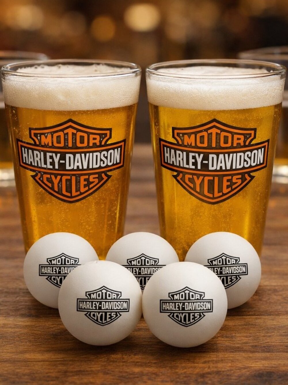 🏍️ Harley‑Davidson Pint Glasses + Ping Pong Logo Balls🏍️